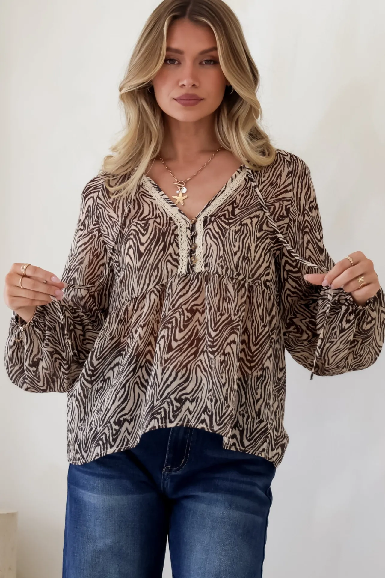 Collins Blouse - Frill Mandarin Collar Pull Over Blouse in Zebra Print>Salty Crush Outlet