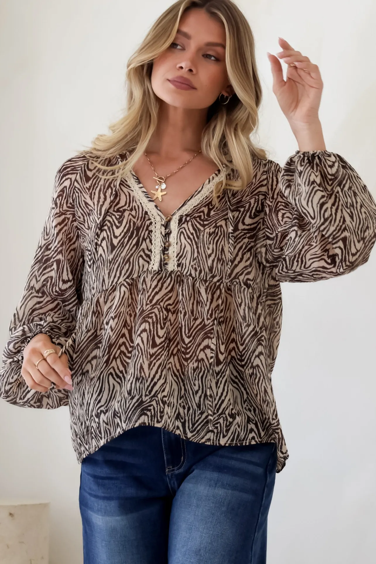 Collins Blouse - Frill Mandarin Collar Pull Over Blouse in Zebra Print>Salty Crush Outlet