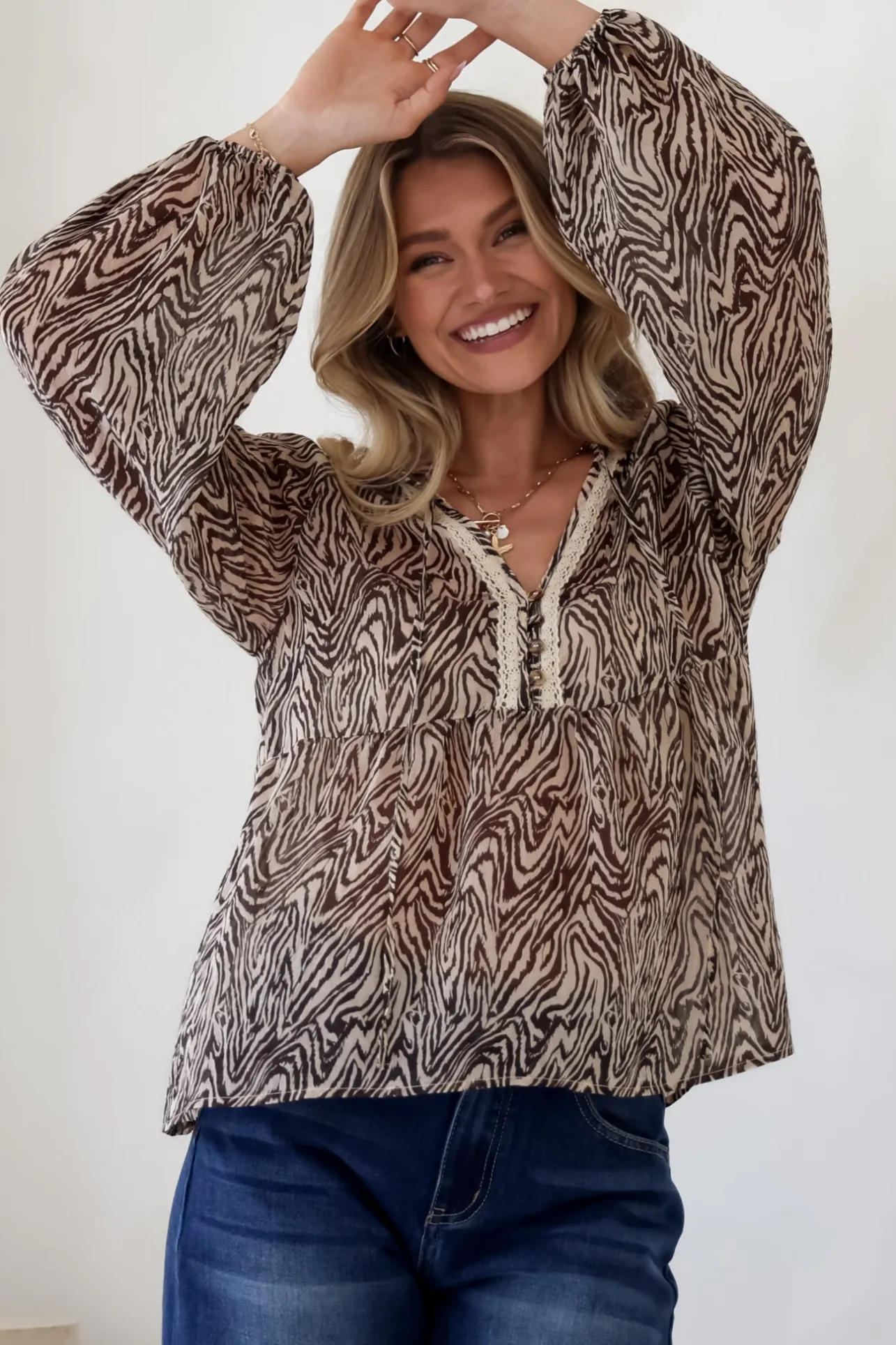 Collins Blouse - Frill Mandarin Collar Pull Over Blouse in Zebra Print>Salty Crush Outlet