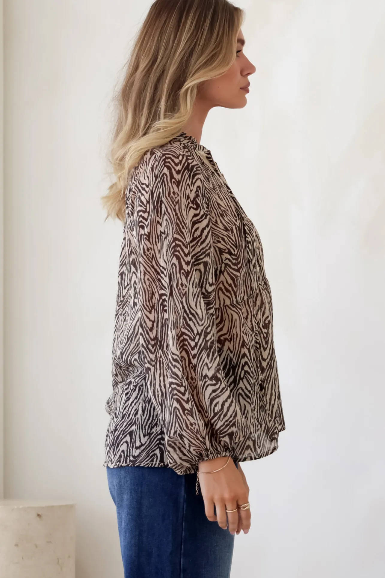 Collins Blouse - Frill Mandarin Collar Pull Over Blouse in Zebra Print>Salty Crush Outlet