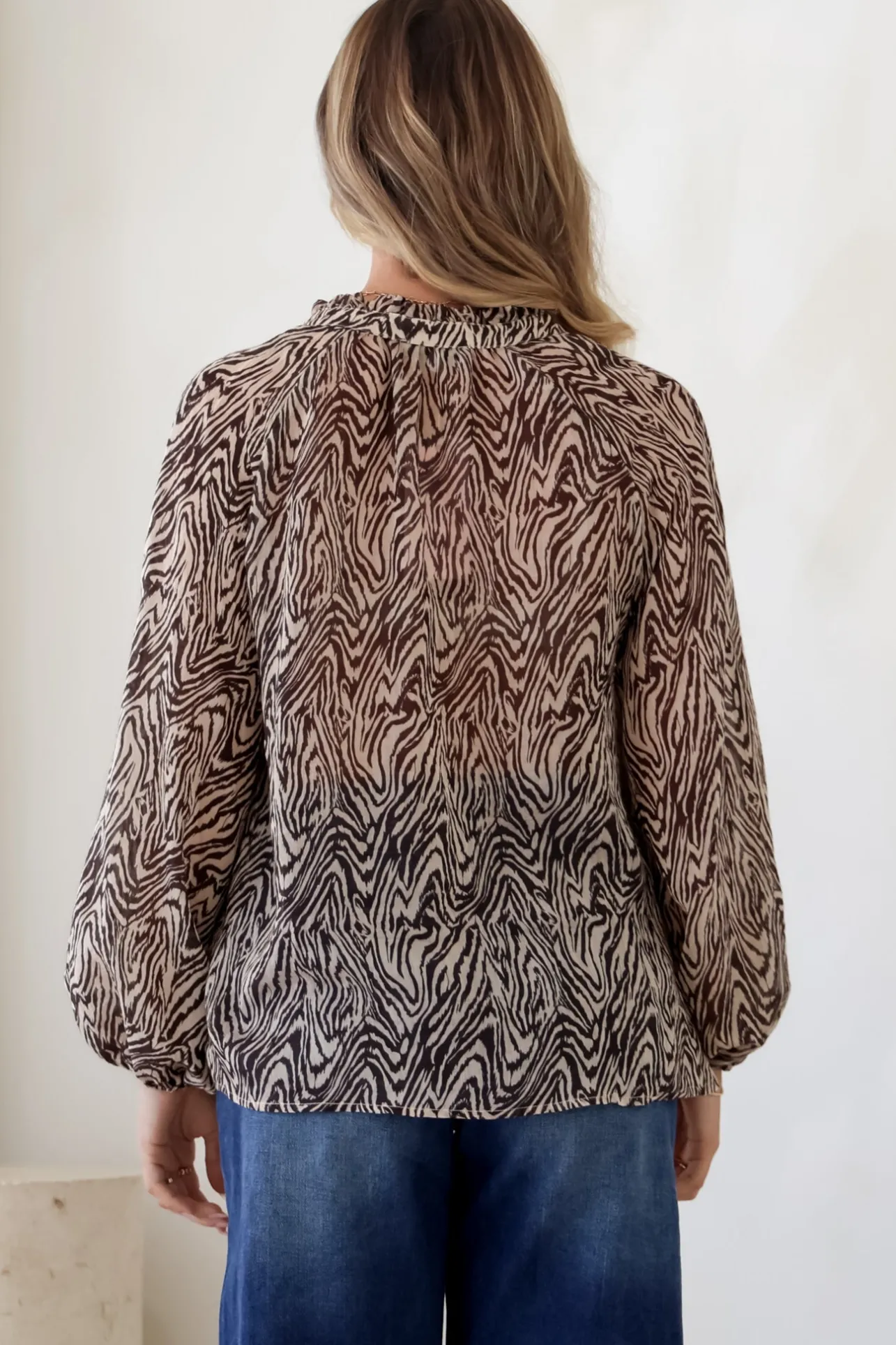 Collins Blouse - Frill Mandarin Collar Pull Over Blouse in Zebra Print>Salty Crush Outlet