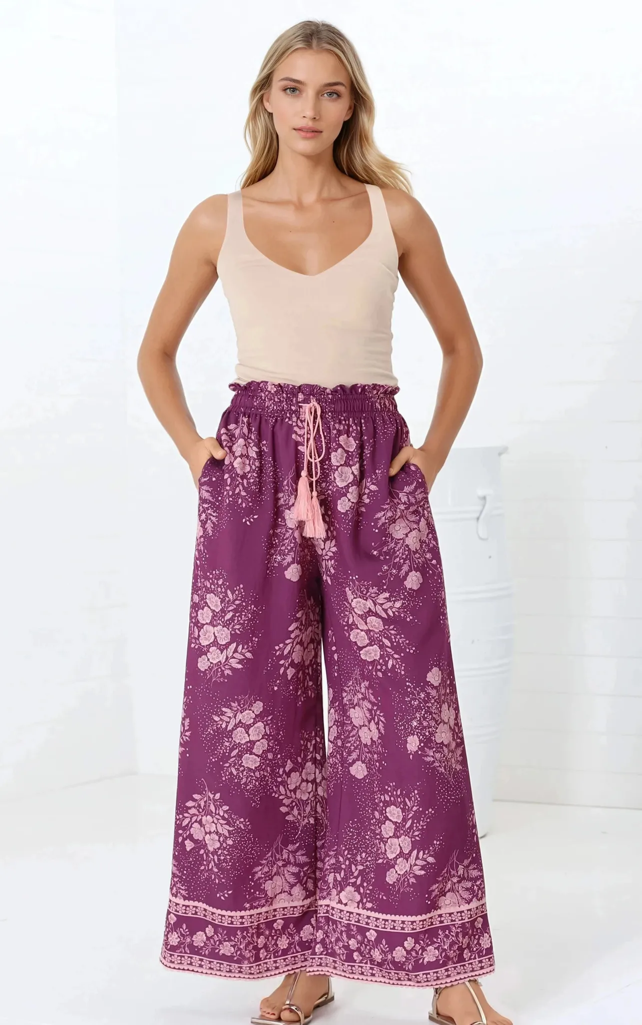 Colson Pants - High Waist Wide Leg Pant in Briella Print Berry>Salty Crush Online