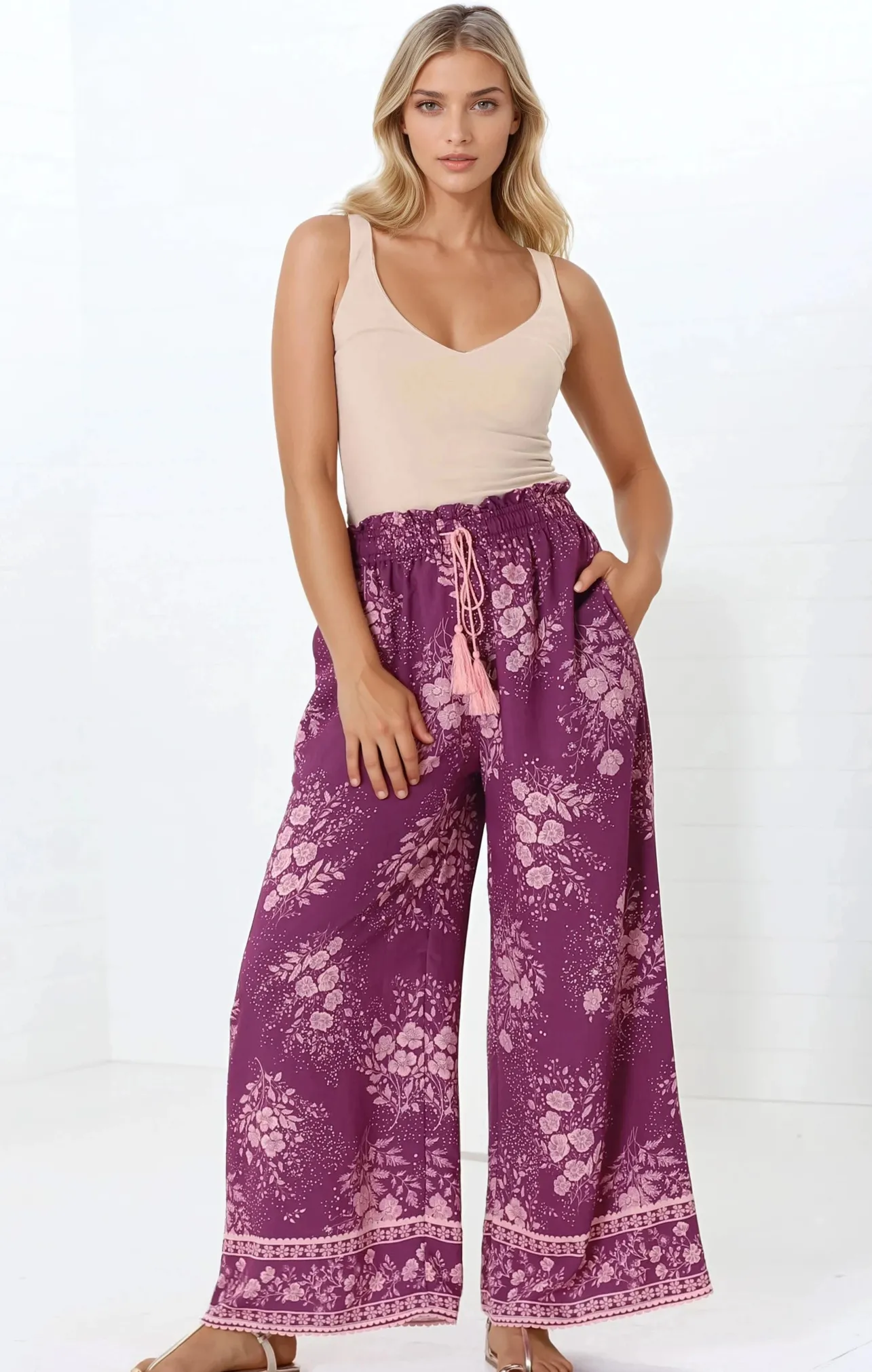 Colson Pants - High Waist Wide Leg Pant in Briella Print Berry>Salty Crush Online