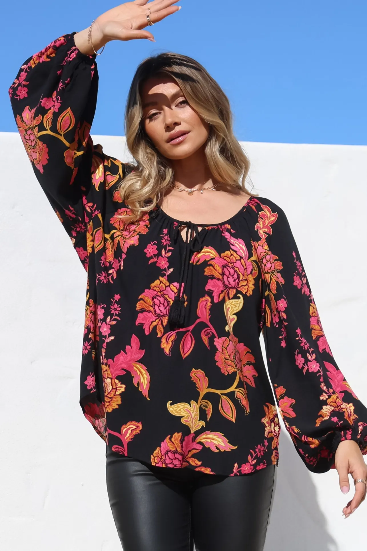 Cora Blouse - Round Neckline with Neck Tie Pull-Over Top in Valerie Print>Salty Crush Clearance