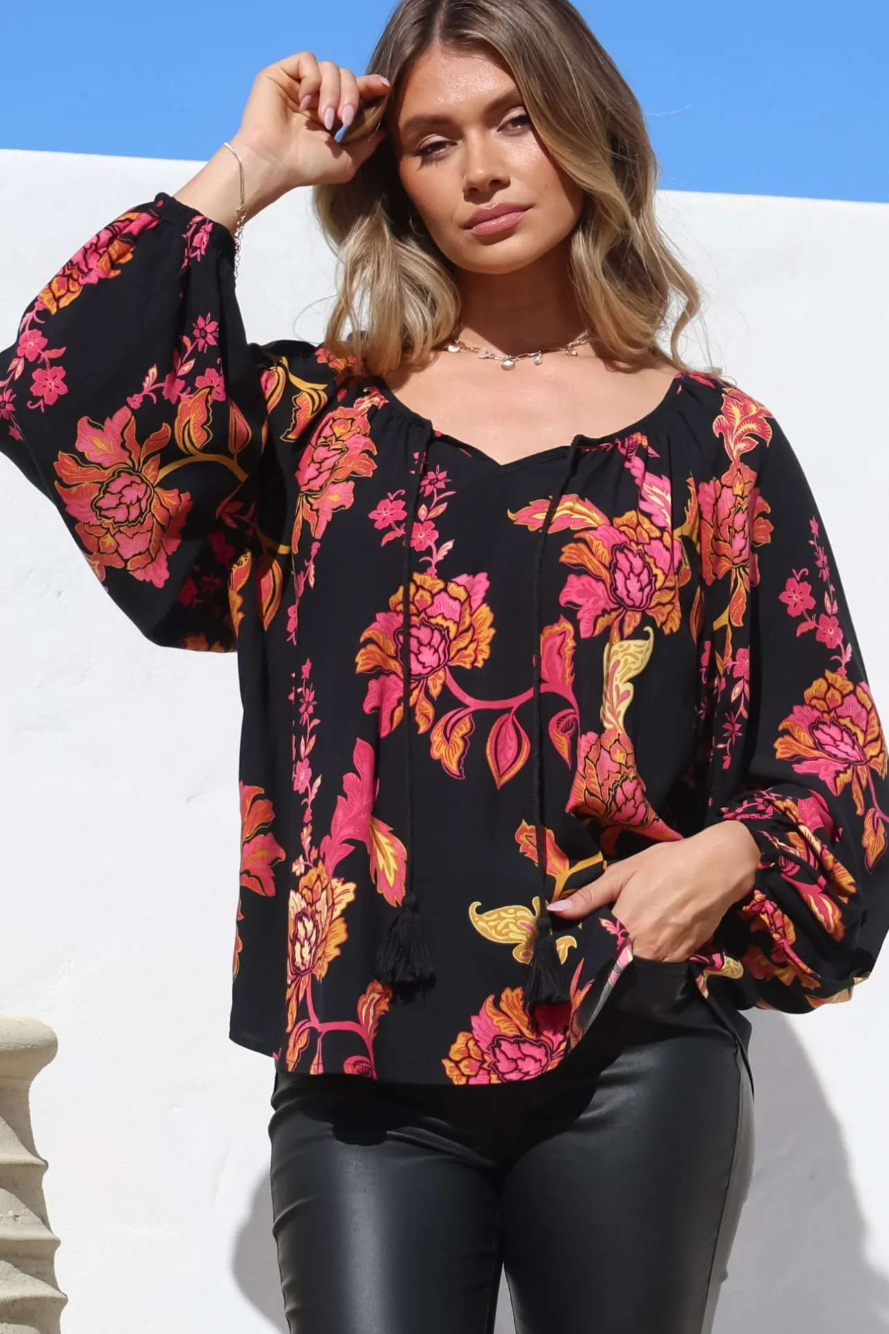 Cora Blouse - Round Neckline with Neck Tie Pull-Over Top in Valerie Print>Salty Crush Clearance