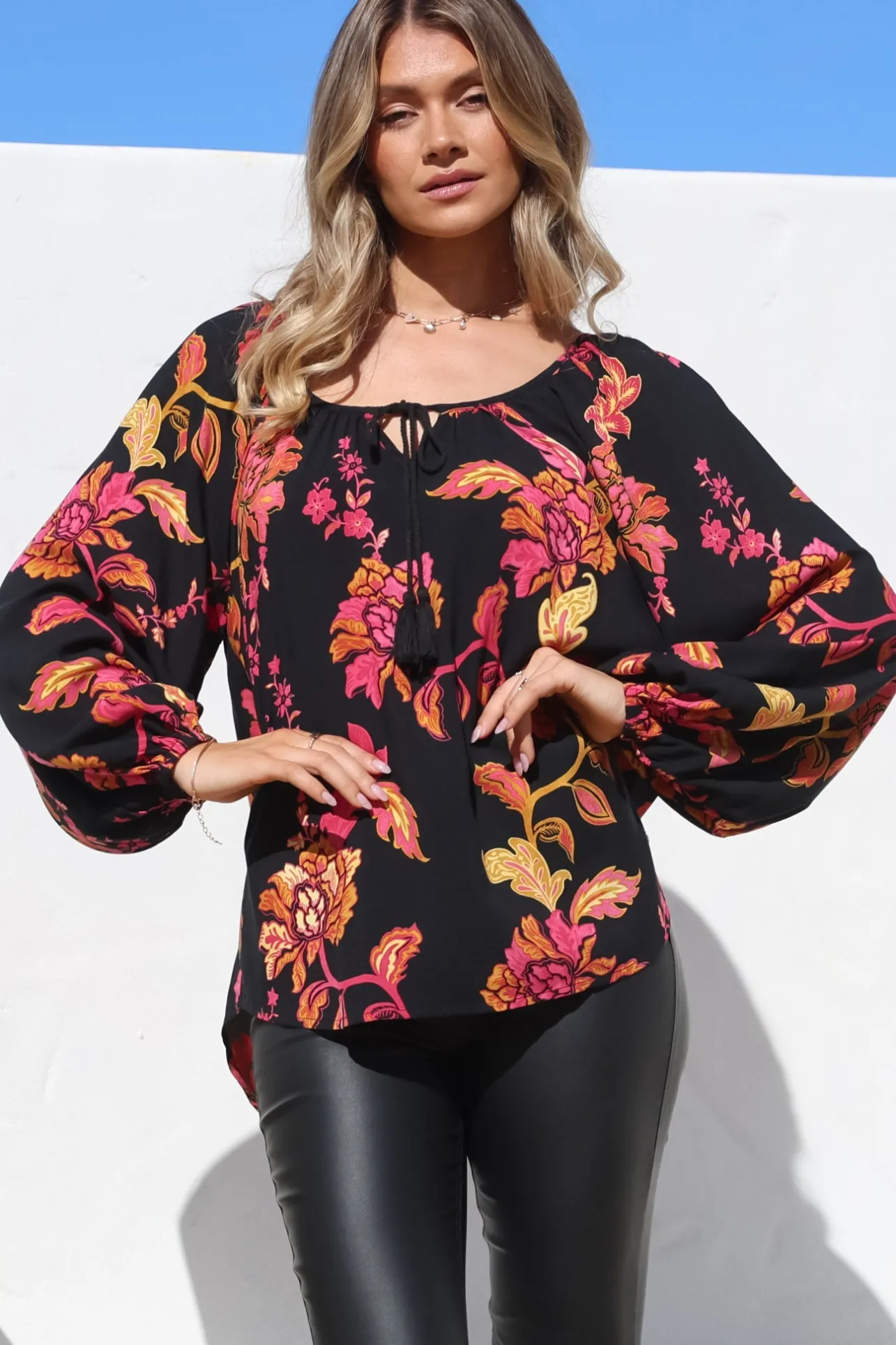 Cora Blouse - Round Neckline with Neck Tie Pull-Over Top in Valerie Print>Salty Crush Clearance