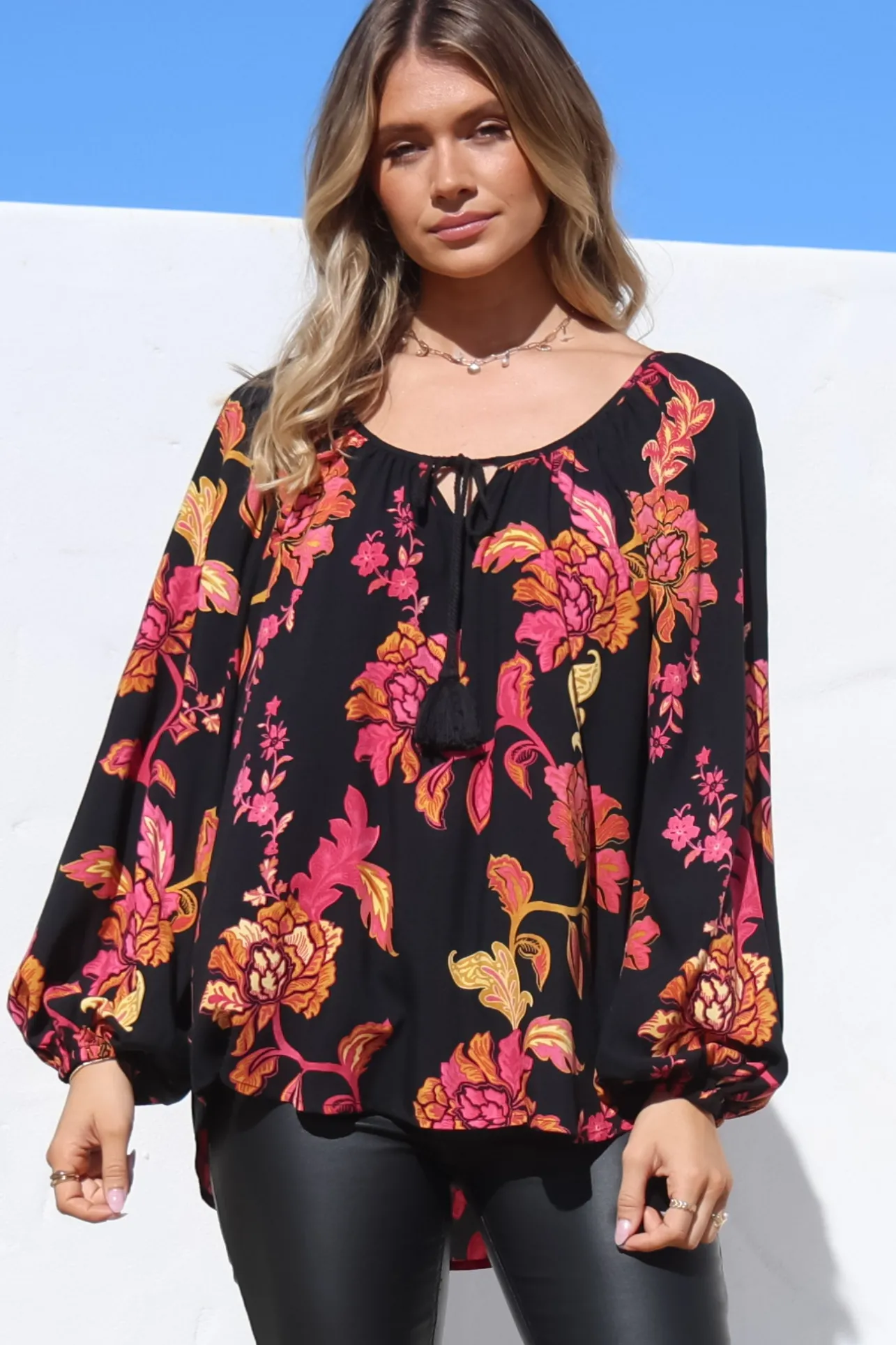 Cora Blouse - Round Neckline with Neck Tie Pull-Over Top in Valerie Print>Salty Crush Clearance