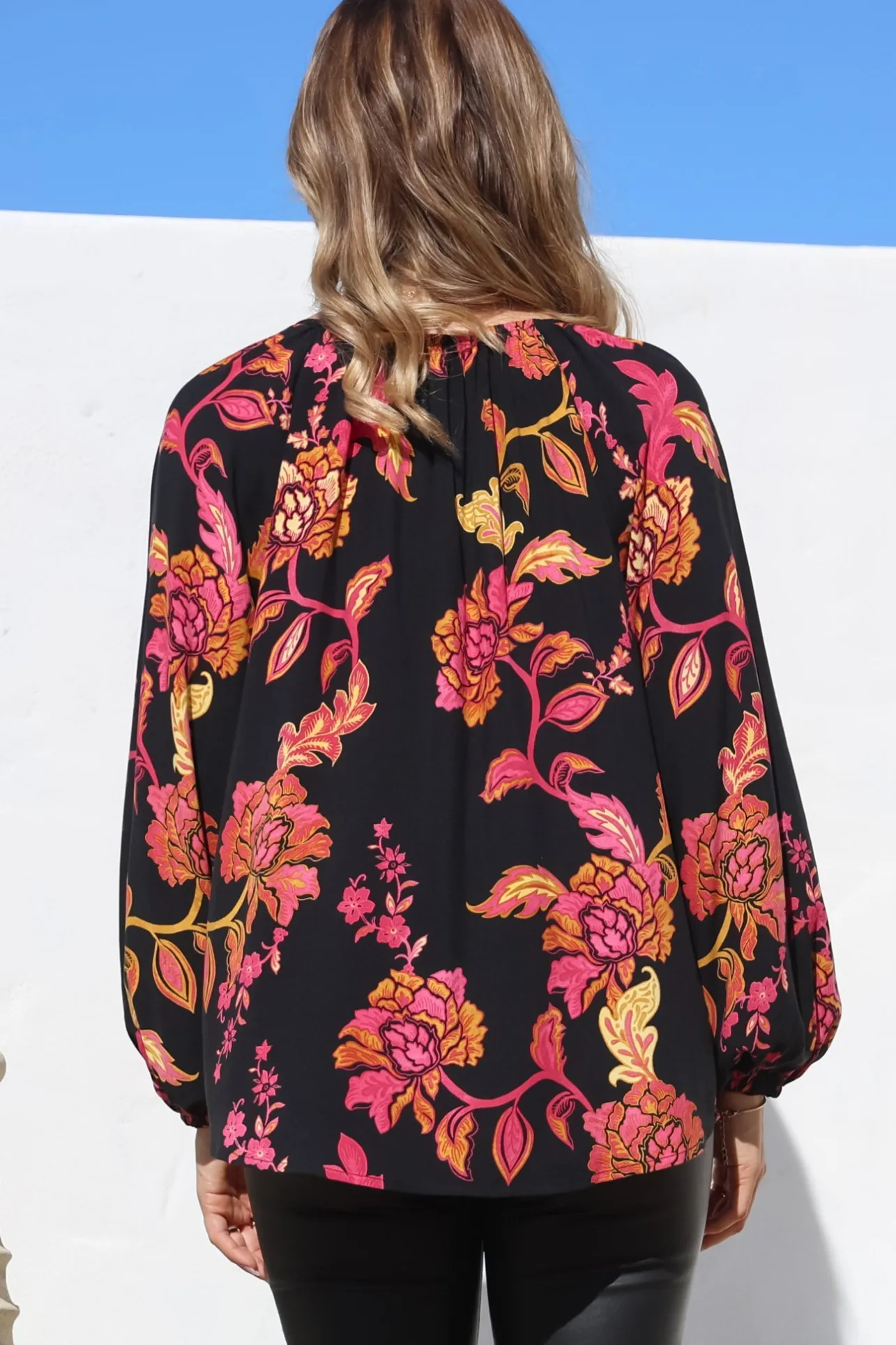 Cora Blouse - Round Neckline with Neck Tie Pull-Over Top in Valerie Print>Salty Crush Clearance