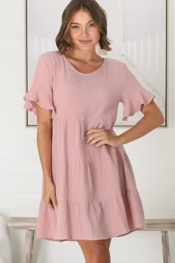 Cora Mini Dress - Cheesecloth Cotton Tiered Smock Dress with Frill Sleeves in Blush>Salty Crush Hot