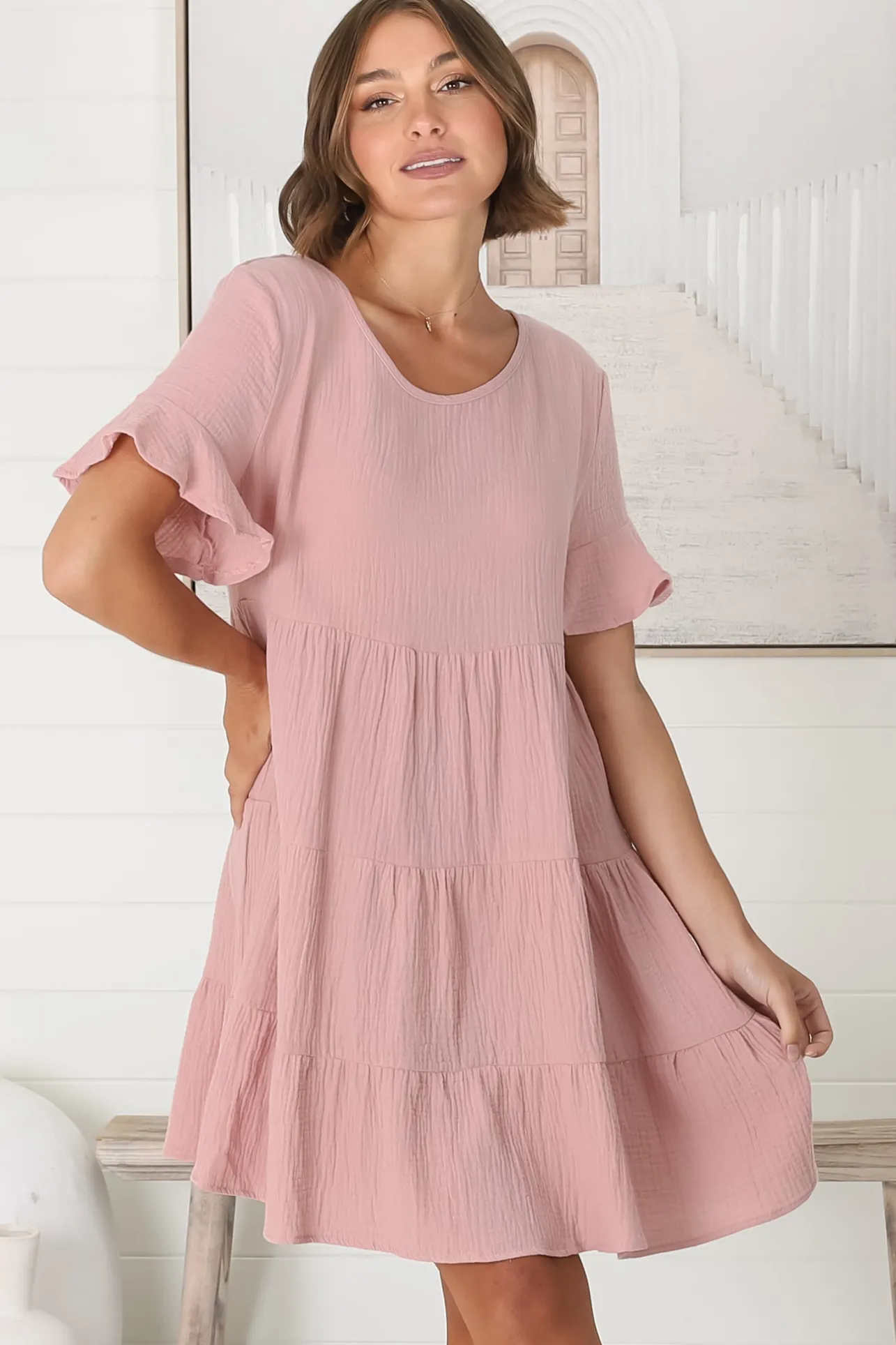 Cora Mini Dress - Cheesecloth Cotton Tiered Smock Dress with Frill Sleeves in Blush>Salty Crush Hot