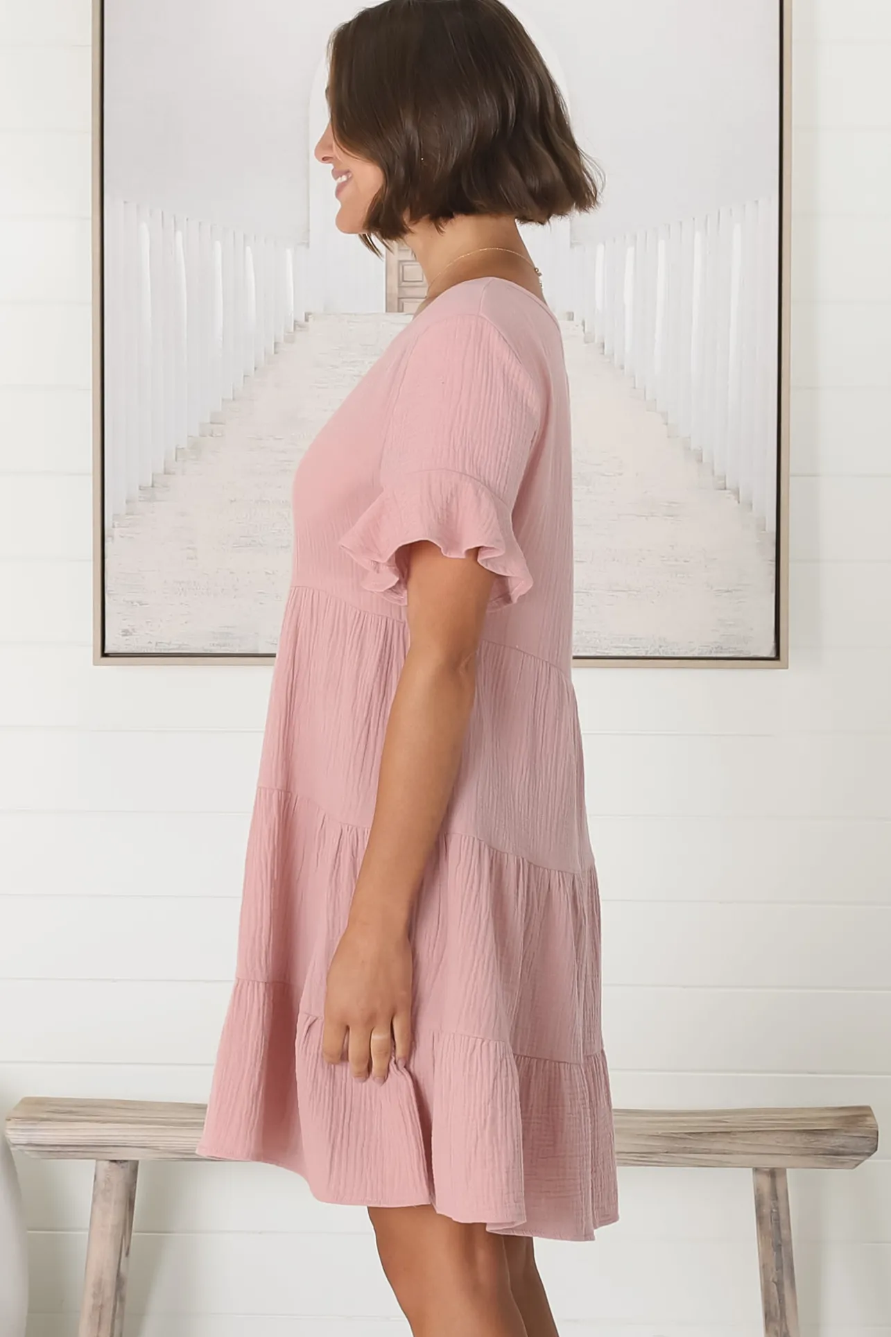 Cora Mini Dress - Cheesecloth Cotton Tiered Smock Dress with Frill Sleeves in Blush>Salty Crush Hot
