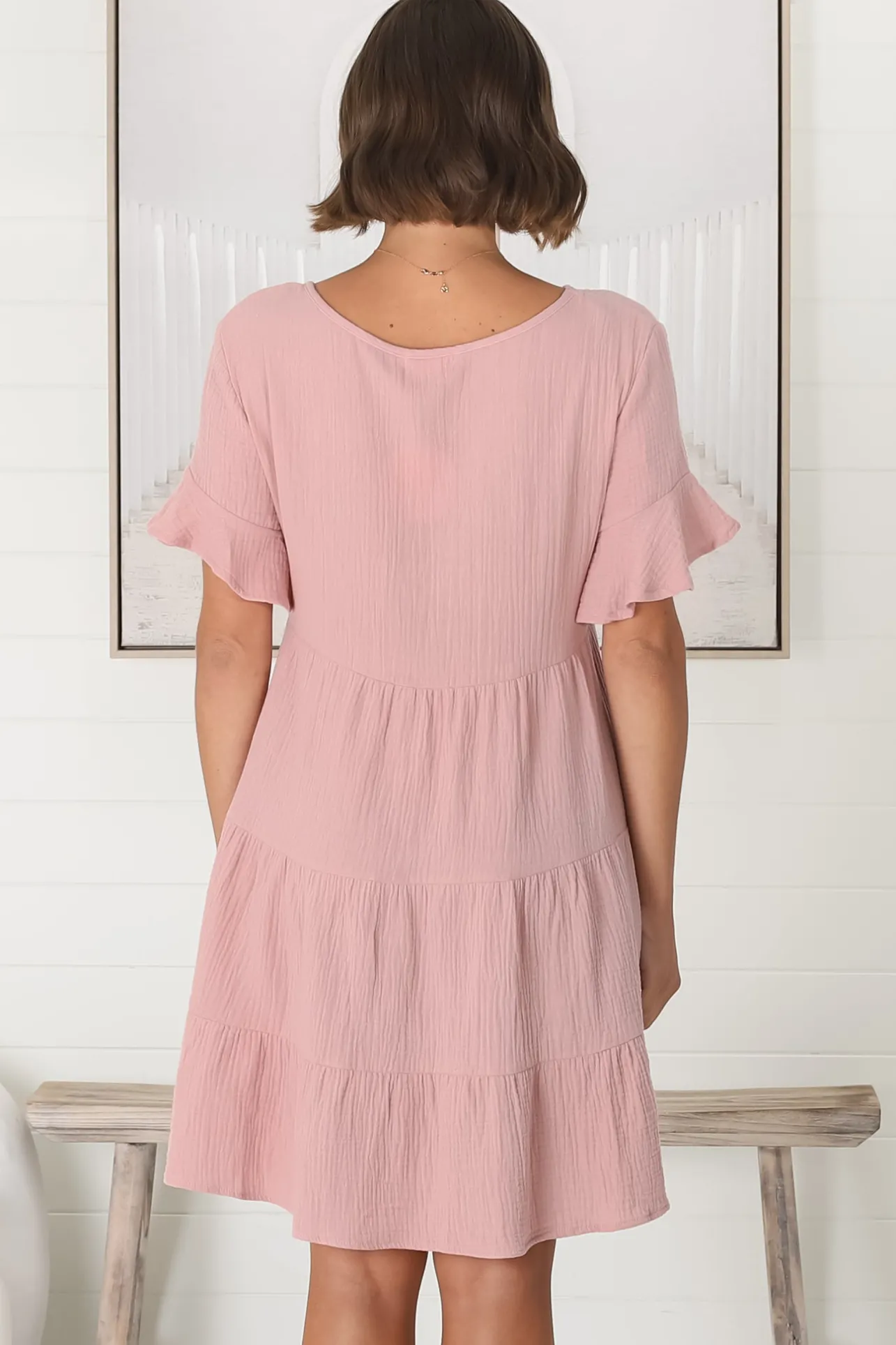 Cora Mini Dress - Cheesecloth Cotton Tiered Smock Dress with Frill Sleeves in Blush>Salty Crush Hot