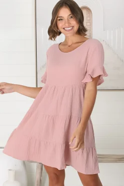 Cora Mini Dress - Cheesecloth Cotton Tiered Smock Dress with Frill Sleeves in Blush><noscript><img width=