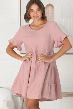 Cora Mini Dress - Cheesecloth Cotton Tiered Smock Dress with Frill Sleeves in Blush><noscript><img width=
