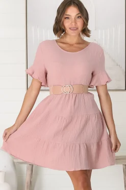 Cora Mini Dress - Cheesecloth Cotton Tiered Smock Dress with Frill Sleeves in Blush><noscript><img width=