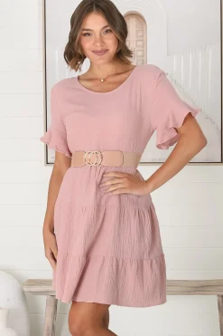 Cora Mini Dress - Cheesecloth Cotton Tiered Smock Dress with Frill Sleeves in Blush><noscript><img width=
