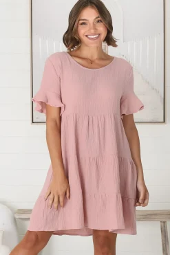 Cora Mini Dress - Cheesecloth Cotton Tiered Smock Dress with Frill Sleeves in Blush><noscript><img width=
