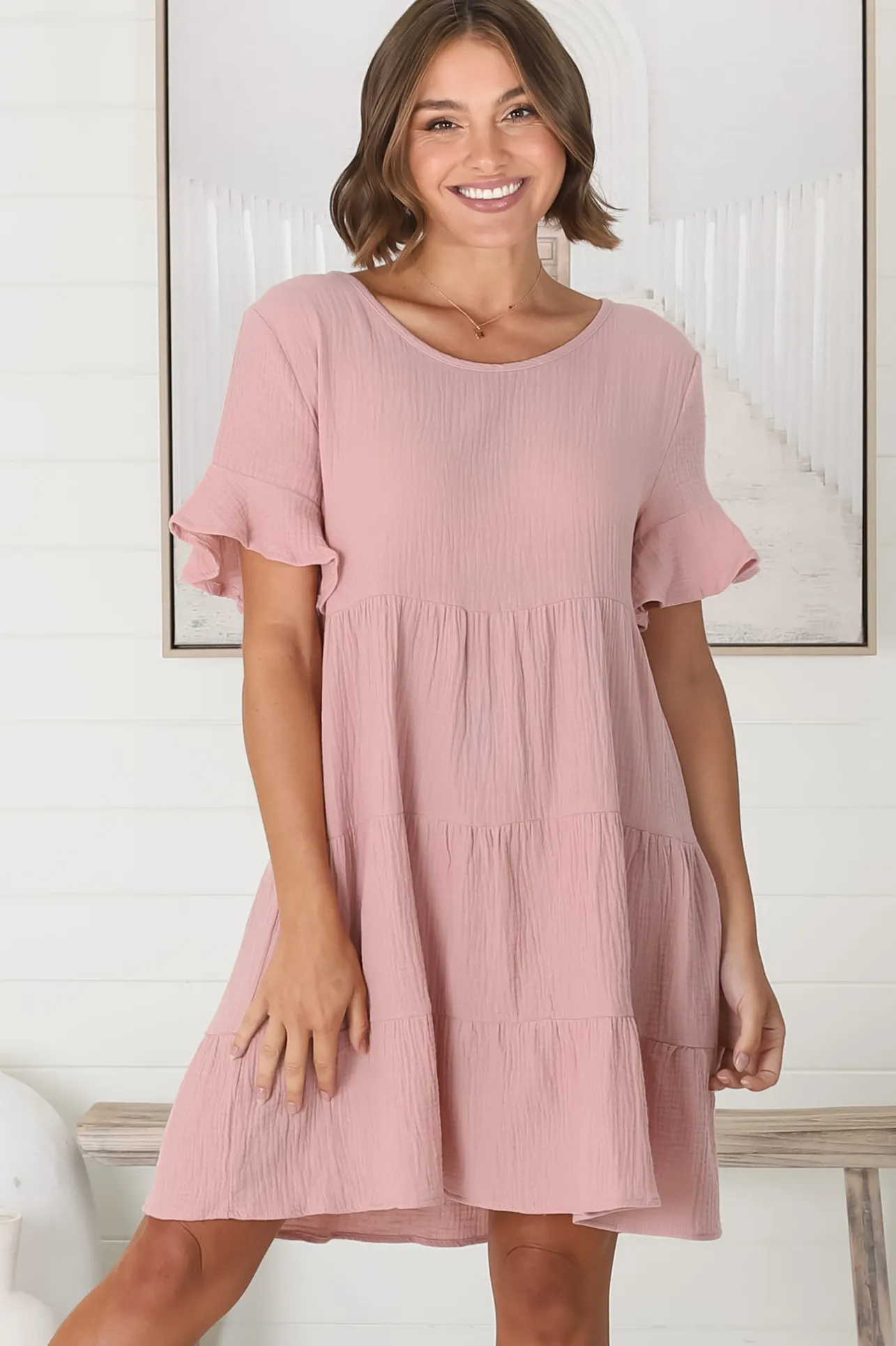Cora Mini Dress - Cheesecloth Cotton Tiered Smock Dress with Frill Sleeves in Blush>Salty Crush Hot