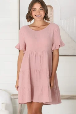 Cora Mini Dress - Cheesecloth Cotton Tiered Smock Dress with Frill Sleeves in Blush><noscript><img width=
