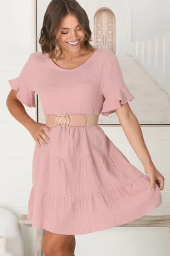 Cora Mini Dress - Cheesecloth Cotton Tiered Smock Dress with Frill Sleeves in Blush><noscript><img width=