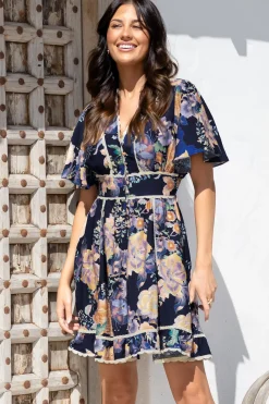 Corina Mini Dress - Lace Trim Button Down Dress with Flutter Sleeves in Ana Print Navy><noscript><img width=