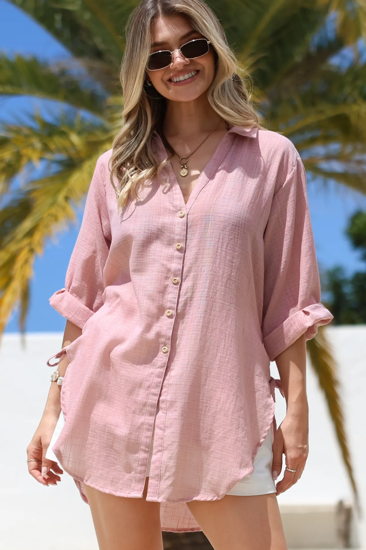 Corina Shirt - Relaxed Button Down Shirt with Sun Hollow-Out Back Decal in Blush>Salty Crush Hot