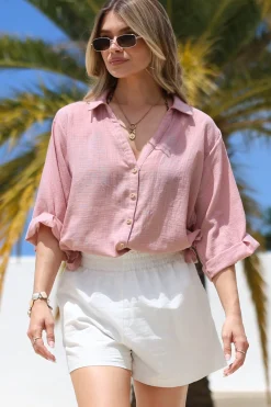 Corina Shirt - Relaxed Button Down Shirt with Sun Hollow-Out Back Decal in Blush><noscript><img width=