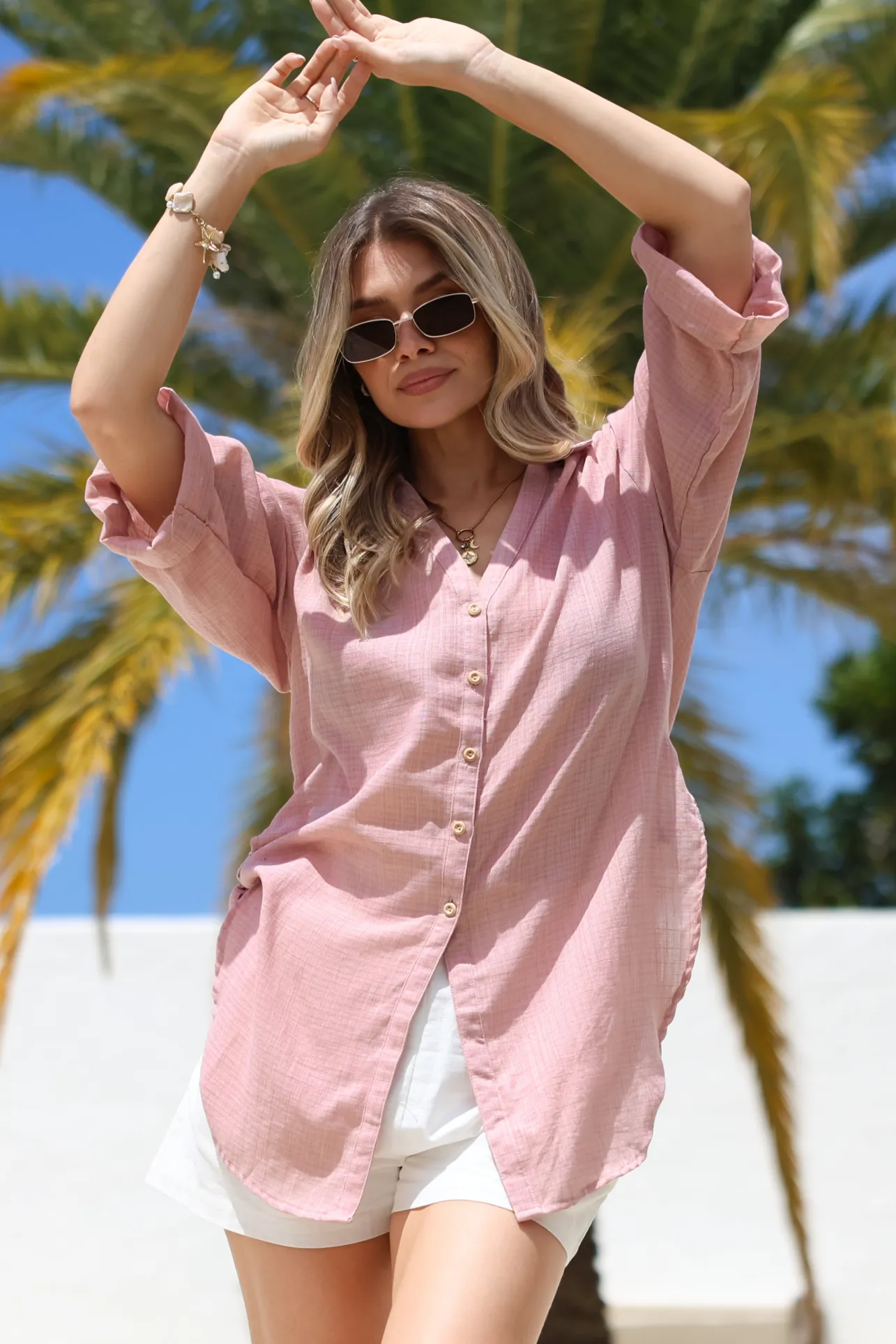 Corina Shirt - Relaxed Button Down Shirt with Sun Hollow-Out Back Decal in Blush>Salty Crush Hot