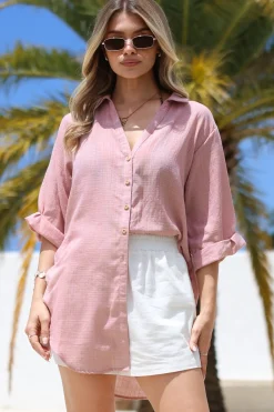 Corina Shirt - Relaxed Button Down Shirt with Sun Hollow-Out Back Decal in Blush><noscript><img width=