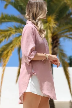 Corina Shirt - Relaxed Button Down Shirt with Sun Hollow-Out Back Decal in Blush><noscript><img width=