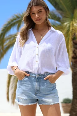 Corina Shirt - Relaxed Button Down Shirt with Sun Hollow-Out Back Decal in White><noscript><img width=
