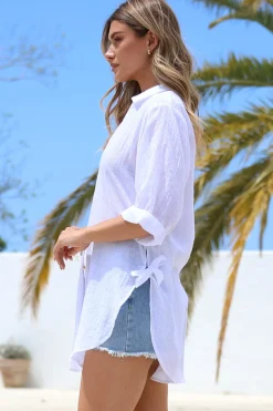 Corina Shirt - Relaxed Button Down Shirt with Sun Hollow-Out Back Decal in White><noscript><img width=
