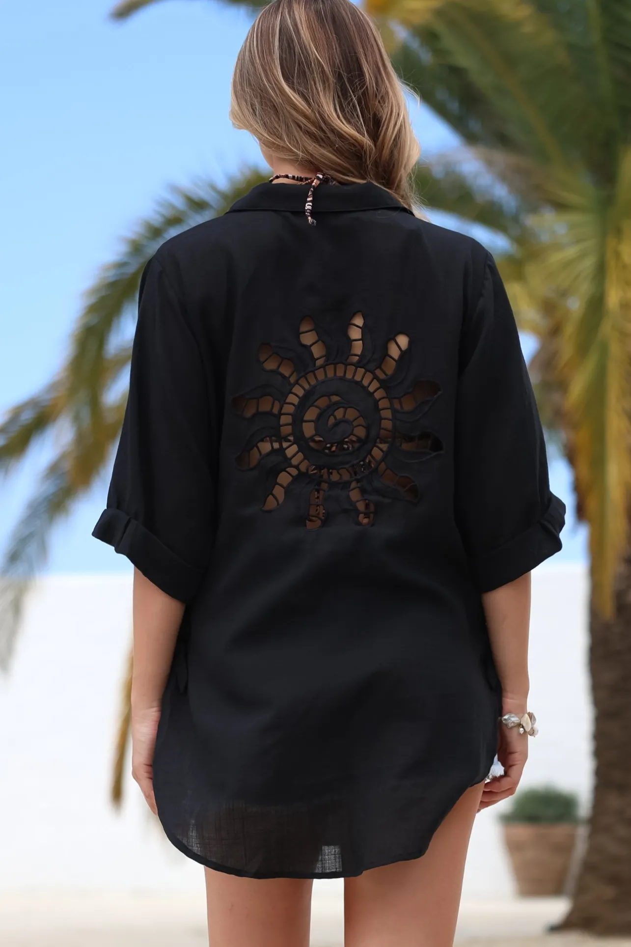Corina Shirt - Relaxed Button Down Shirt with Sun Hollow-Out Back Decal in Black>Salty Crush