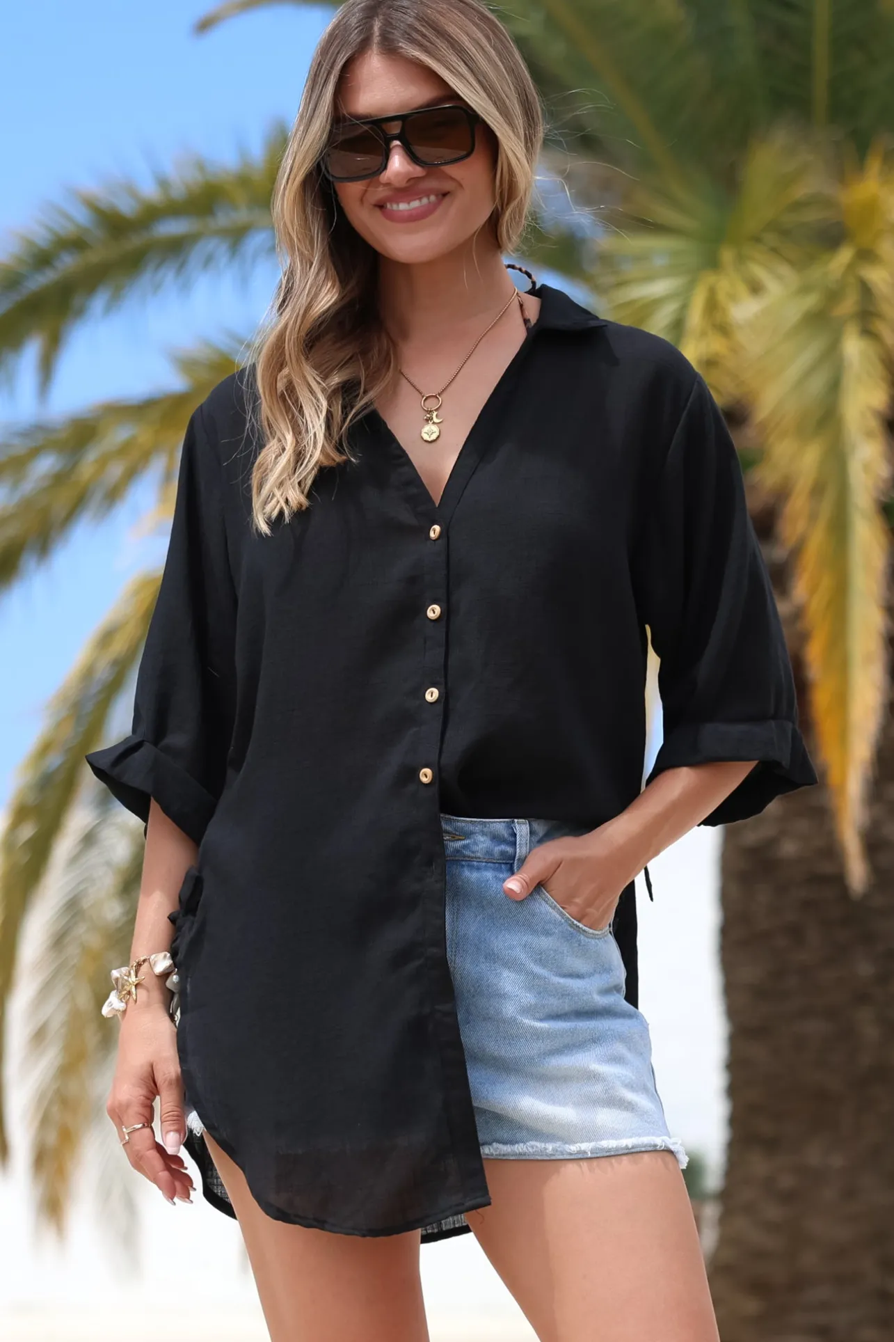 Corina Shirt - Relaxed Button Down Shirt with Sun Hollow-Out Back Decal in Black>Salty Crush