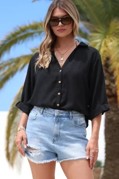 Corina Shirt - Relaxed Button Down Shirt with Sun Hollow-Out Back Decal in Black><noscript><img width=