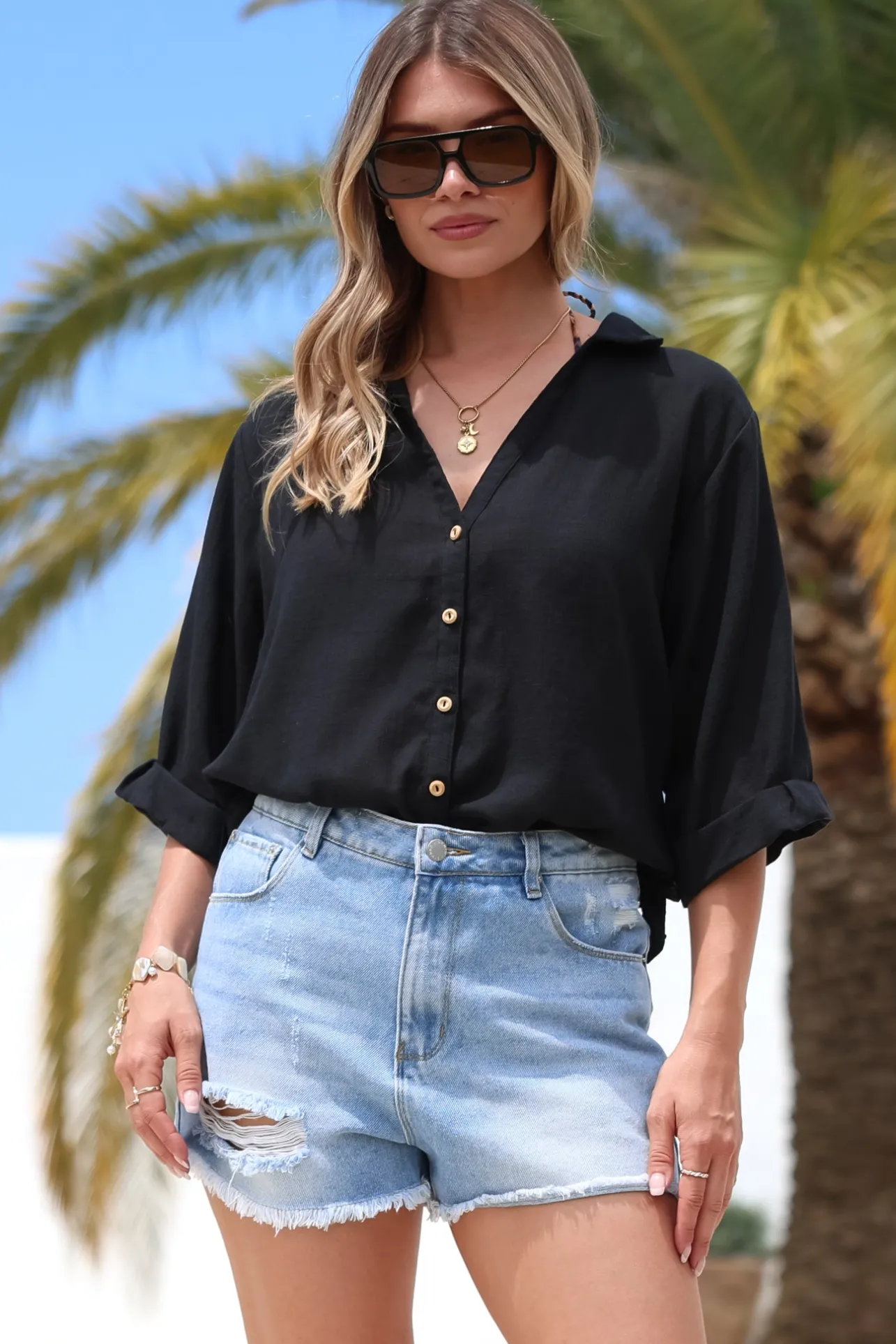 Corina Shirt - Relaxed Button Down Shirt with Sun Hollow-Out Back Decal in Black>Salty Crush