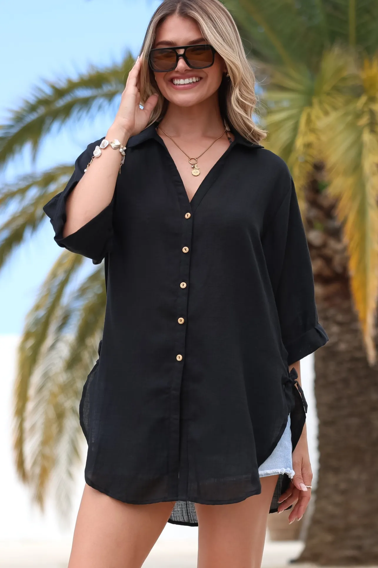 Corina Shirt - Relaxed Button Down Shirt with Sun Hollow-Out Back Decal in Black>Salty Crush