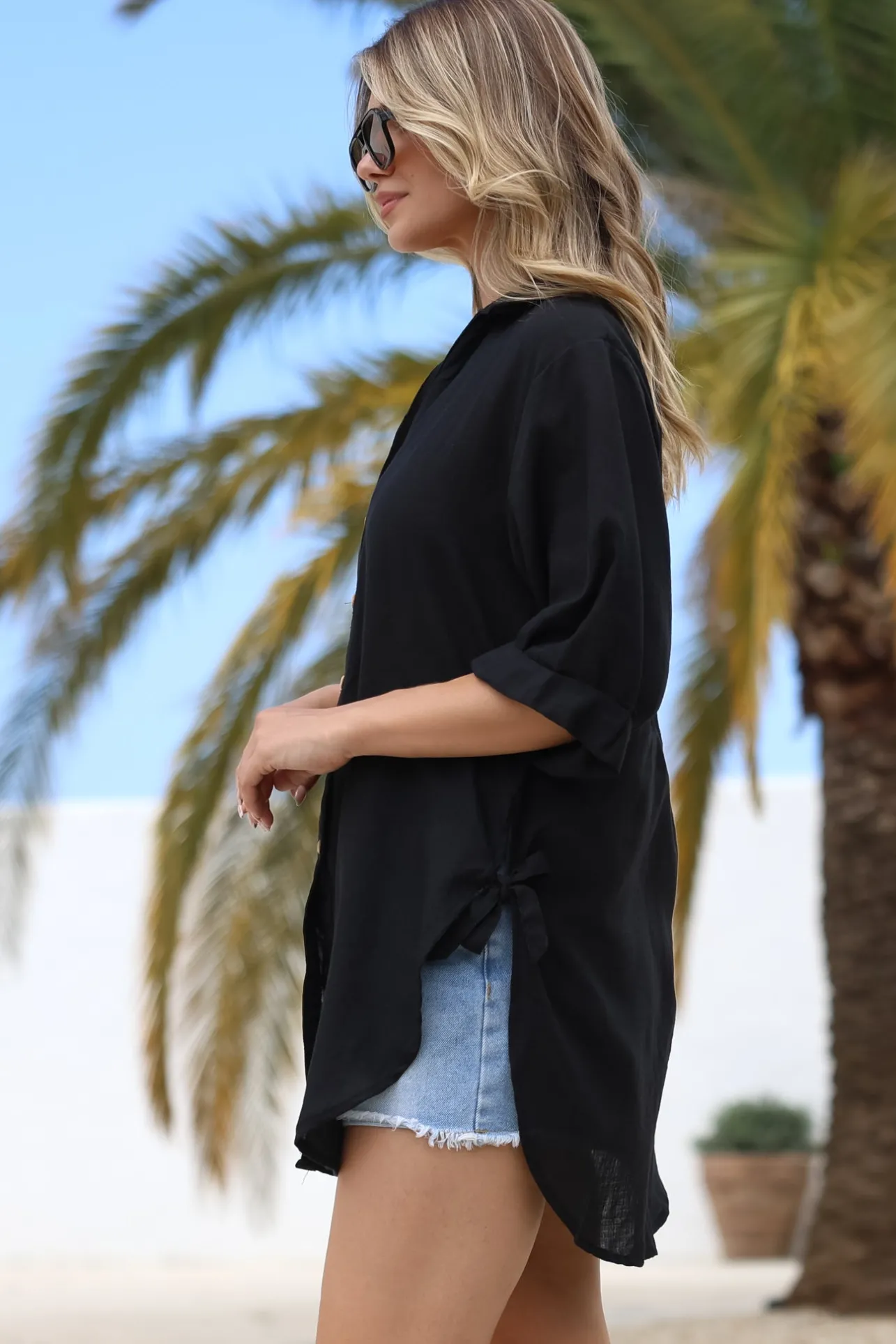 Corina Shirt - Relaxed Button Down Shirt with Sun Hollow-Out Back Decal in Black>Salty Crush