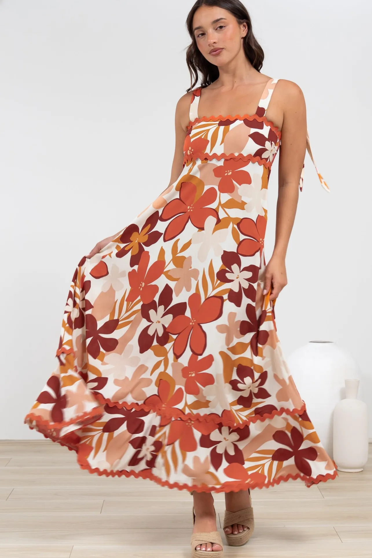 Costa Maxi Dress - Tie Up Strap Tiered Dress with Ric Rac Splicing in Tangie Print>Salty Crush Sale