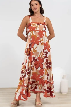Costa Maxi Dress - Tie Up Strap Tiered Dress with Ric Rac Splicing in Tangie Print><noscript><img width=