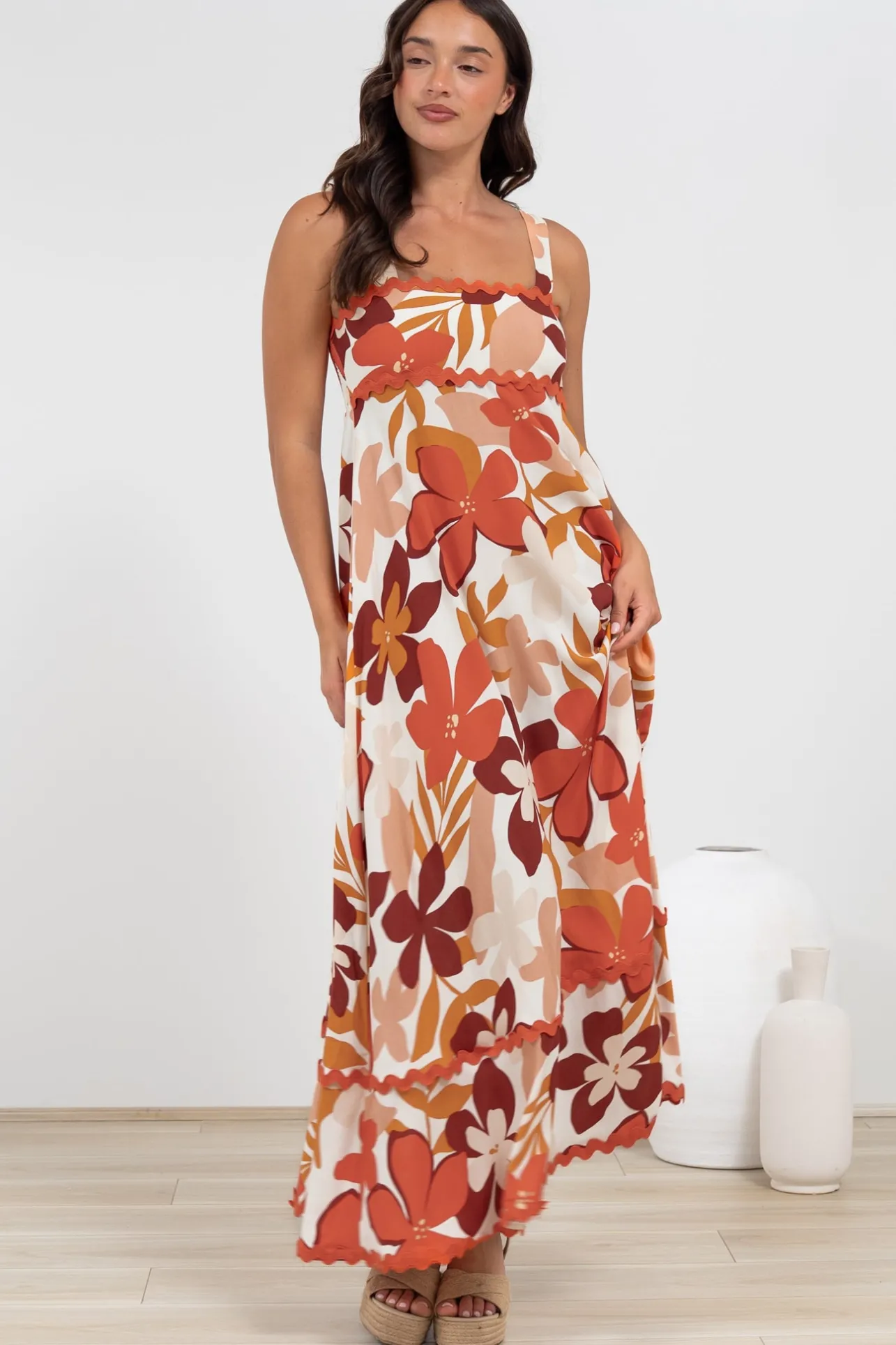 Costa Maxi Dress - Tie Up Strap Tiered Dress with Ric Rac Splicing in Tangie Print>Salty Crush Sale