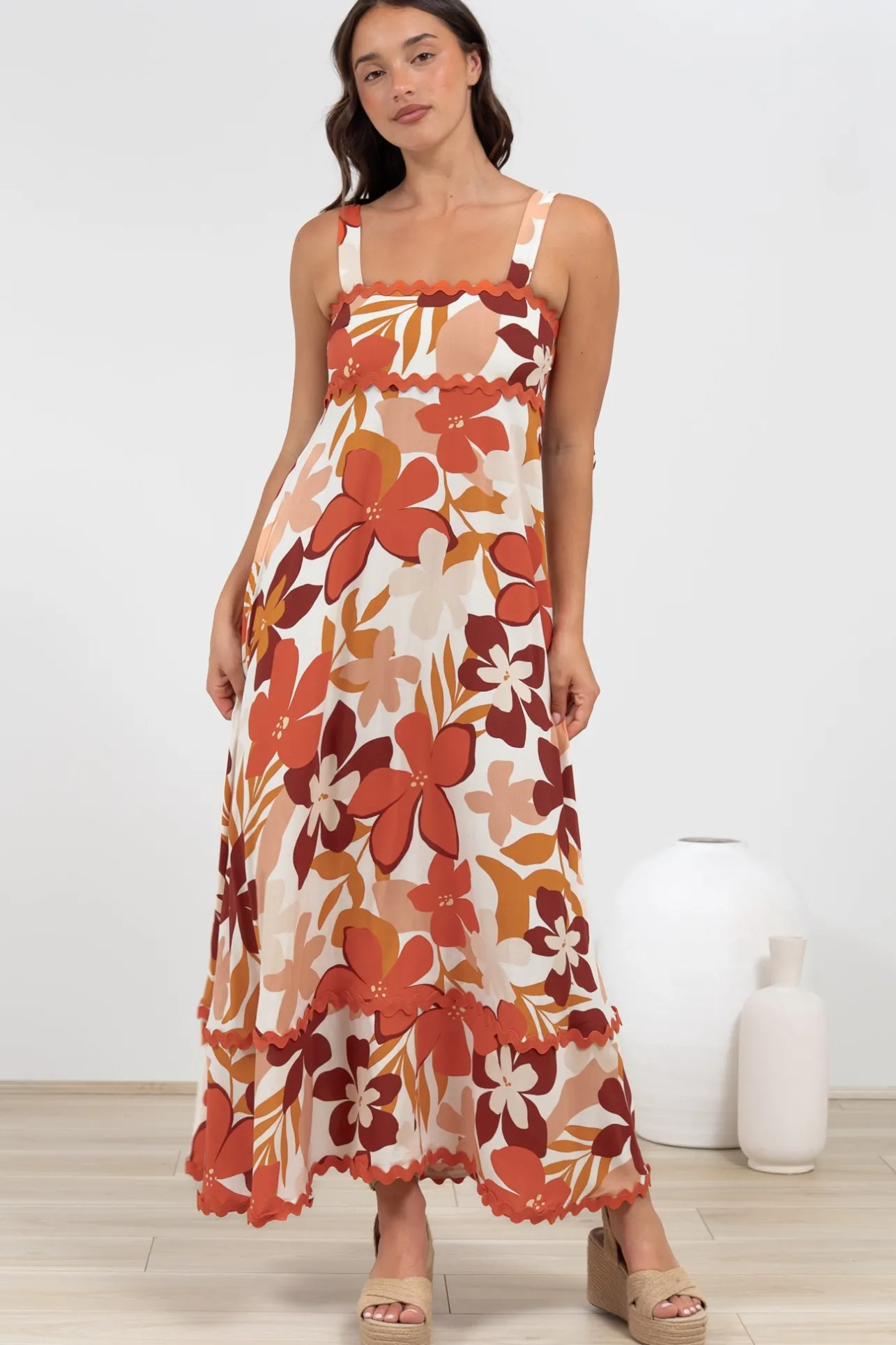 Costa Maxi Dress - Tie Up Strap Tiered Dress with Ric Rac Splicing in Tangie Print>Salty Crush Sale