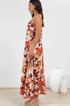 Costa Maxi Dress - Tie Up Strap Tiered Dress with Ric Rac Splicing in Tangie Print><noscript><img width=