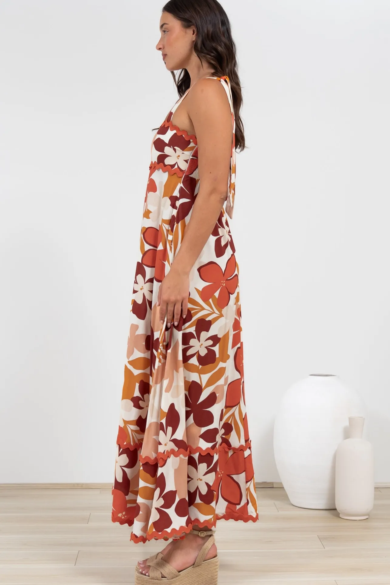 Costa Maxi Dress - Tie Up Strap Tiered Dress with Ric Rac Splicing in Tangie Print>Salty Crush Sale