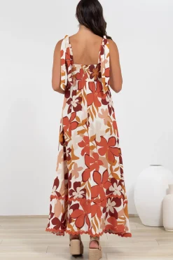 Costa Maxi Dress - Tie Up Strap Tiered Dress with Ric Rac Splicing in Tangie Print><noscript><img width=