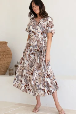 Criselda Maxi Dress - On or Off Shoulder Ballon Sleeve Dress in Palermo Print>Salty Crush