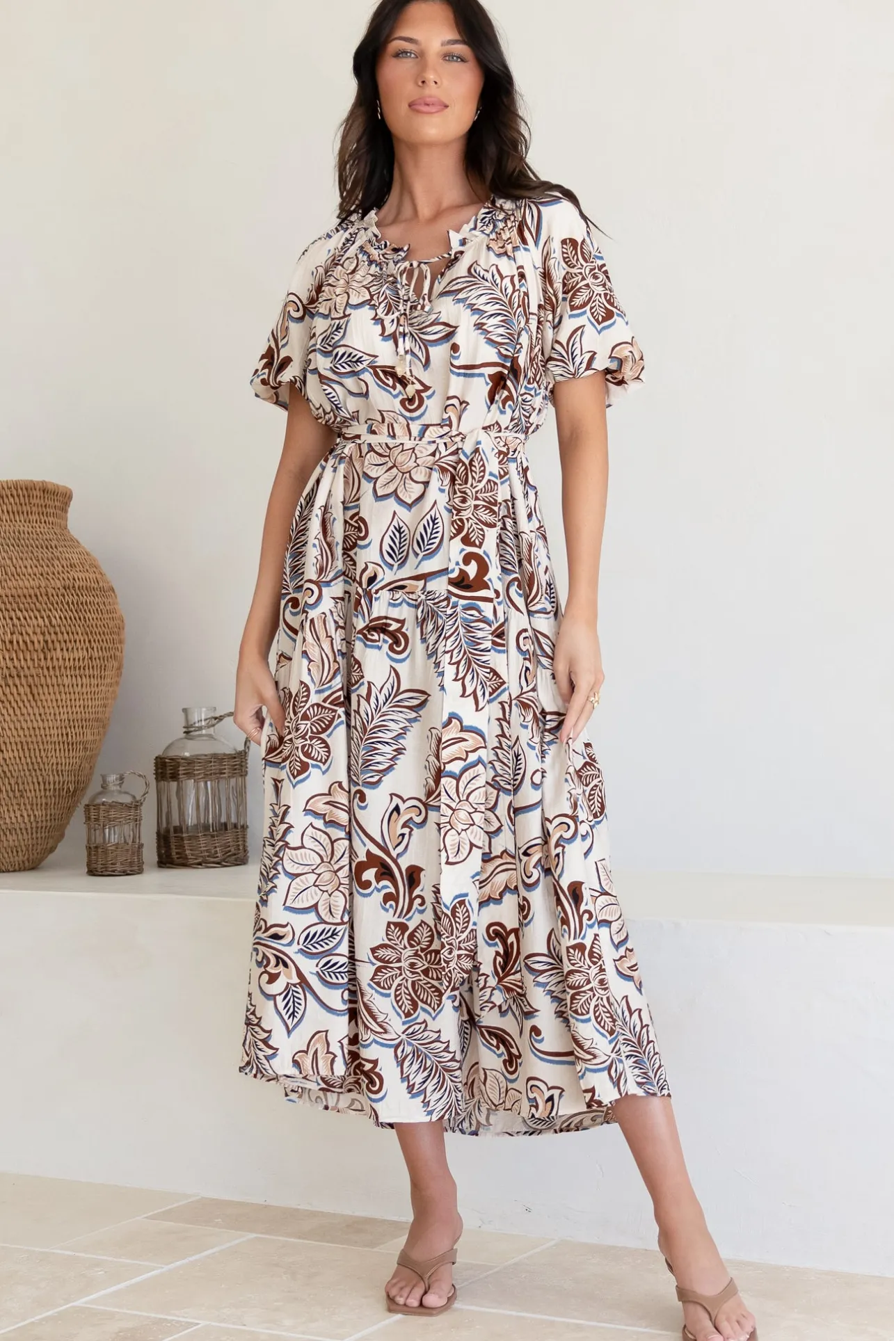 Criselda Maxi Dress - On or Off Shoulder Ballon Sleeve Dress in Palermo Print>Salty Crush