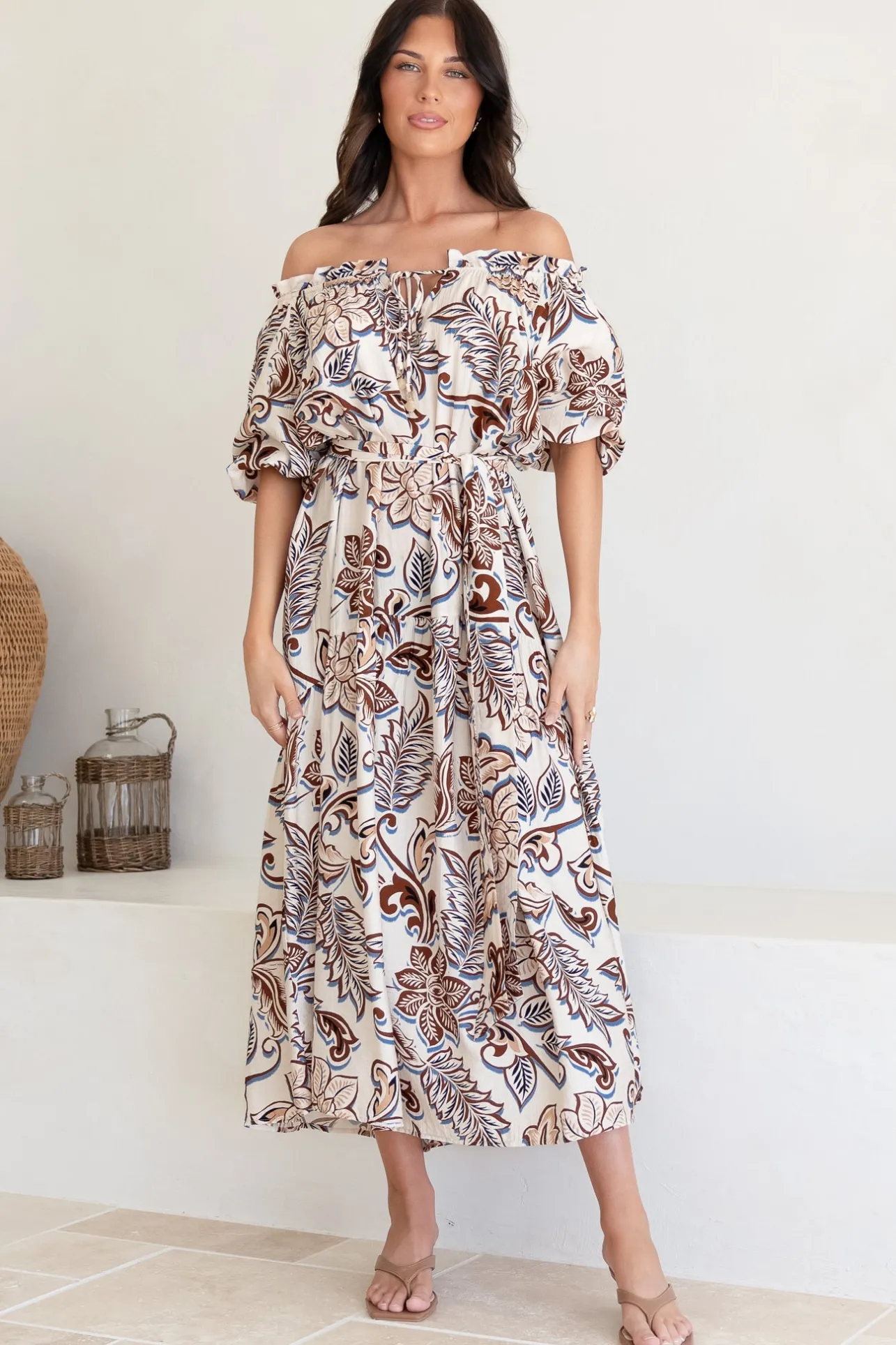 Criselda Maxi Dress - On or Off Shoulder Ballon Sleeve Dress in Palermo Print>Salty Crush