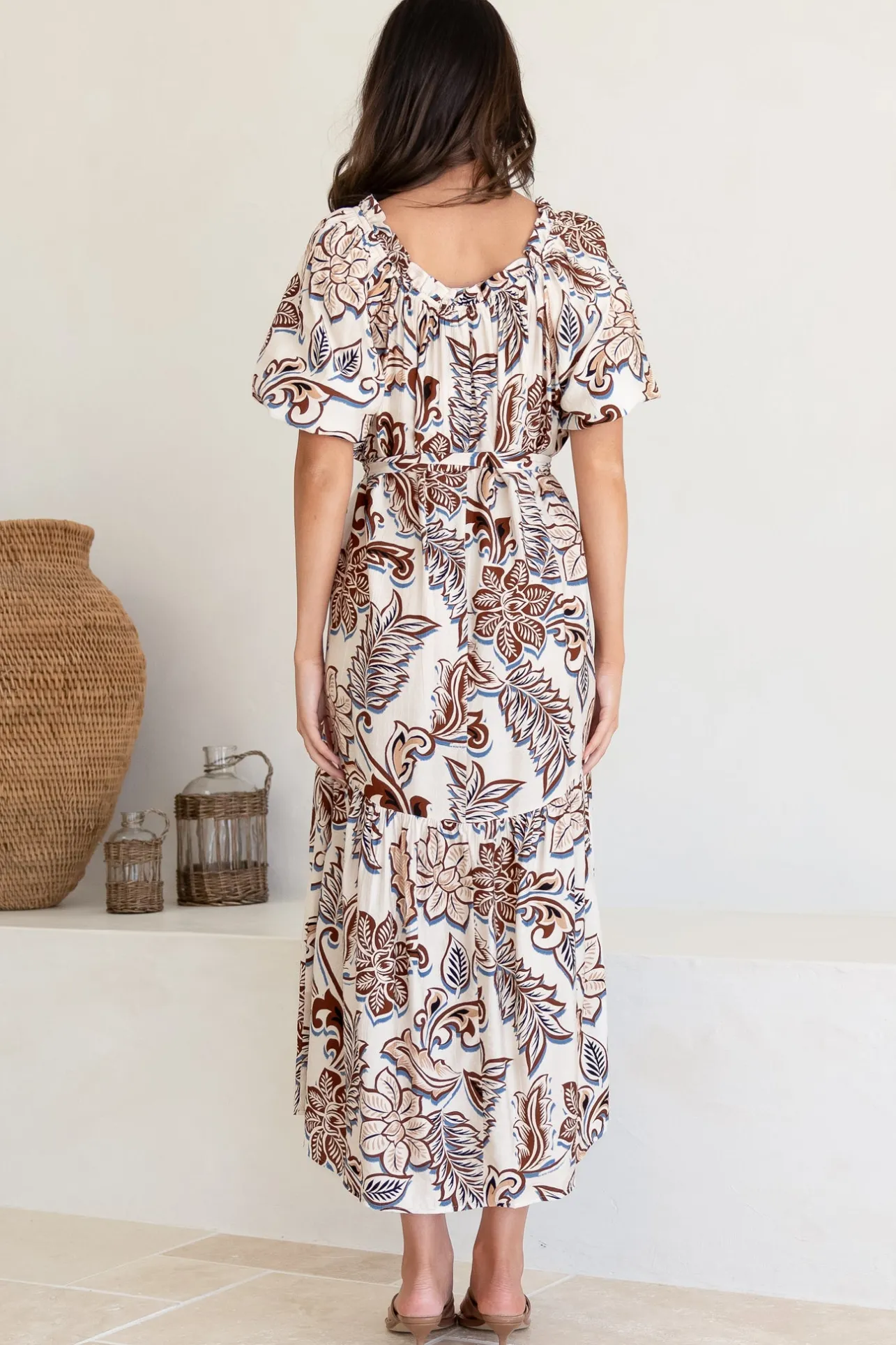 Criselda Maxi Dress - On or Off Shoulder Ballon Sleeve Dress in Palermo Print>Salty Crush