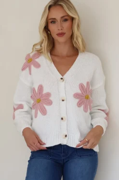 Daisy Belle Cardigan - Cropped Thick Knit Cardigan with Flower Decals in White>Salty Crush Sale